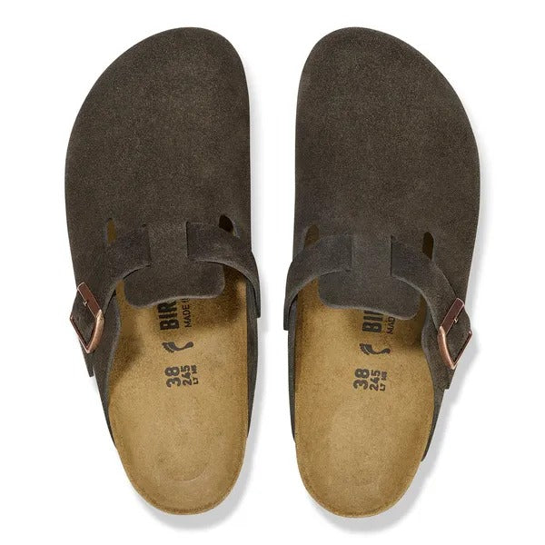 Birkenstock Boston clog in Mocca suede, top-down view of both shoes showing contoured footbed
