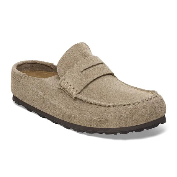 Birkenstock Naples Wrapped Suede Mules in Taupe - angled view