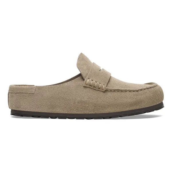 Birkenstock Naples Wrapped Suede Mules in Taupe - side profile