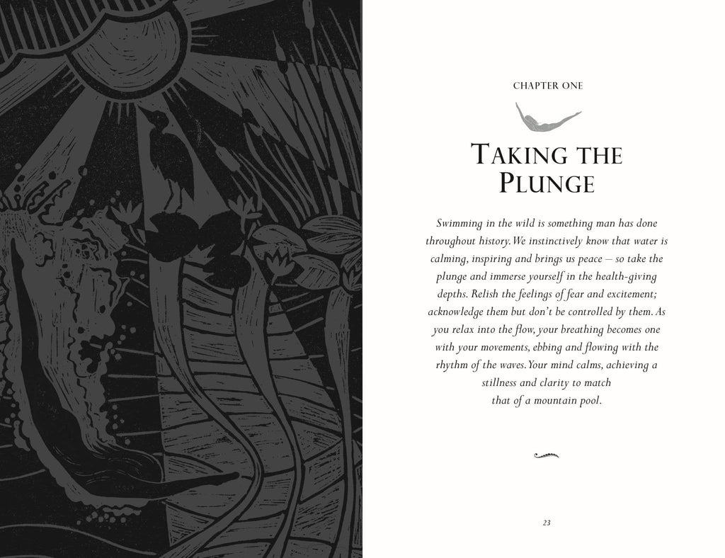Open book page with chapter heading and paragraphs on wild swimming