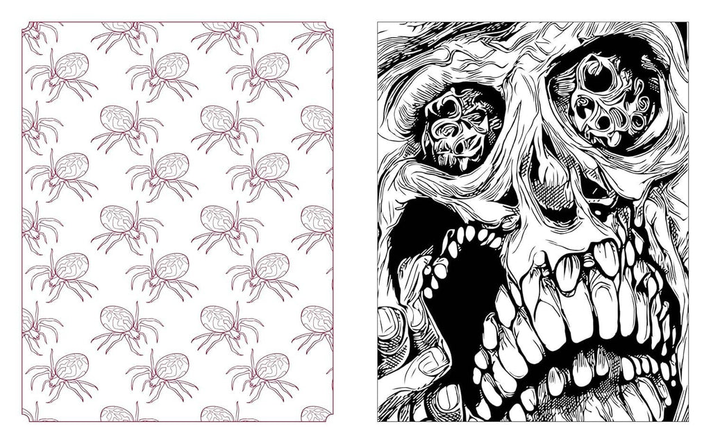 Open coloring book pages with pink spider pattern and a black-and-white snarling skull