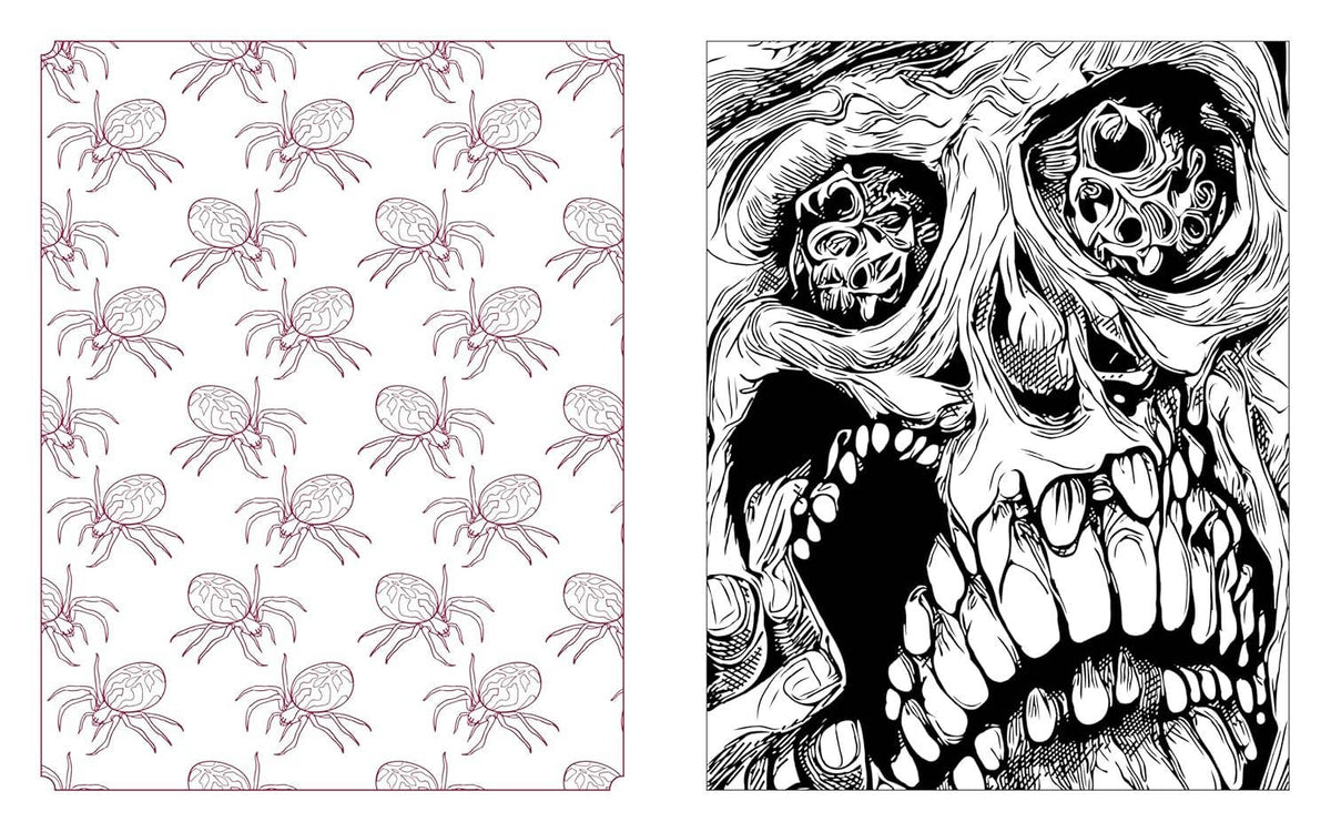 Open coloring book pages with pink spider pattern and a black-and-white snarling skull
