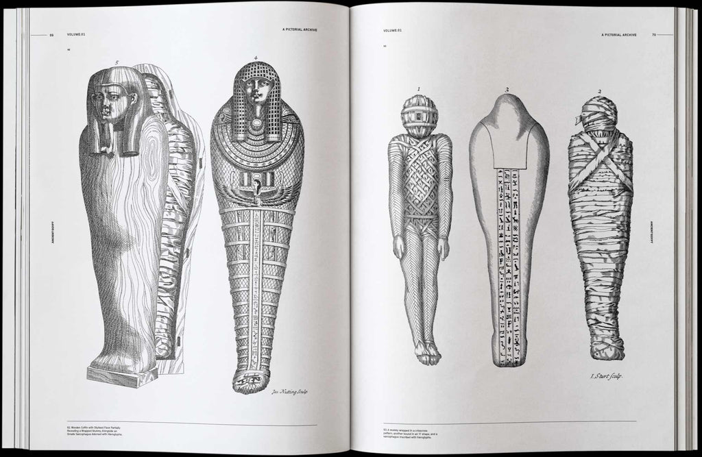 Open Ancient Egypt book pages showing black-and-white human statue drawings