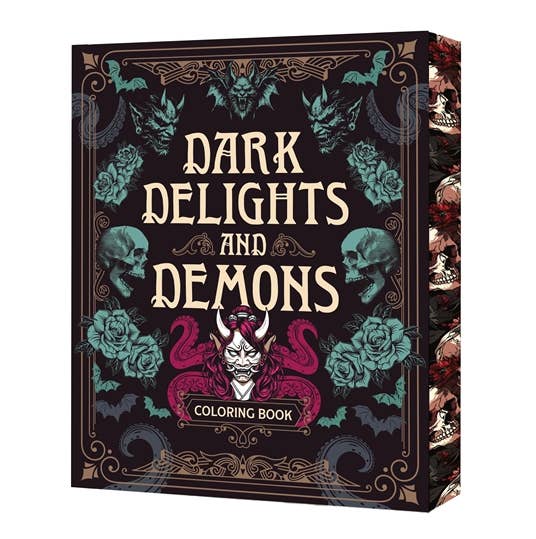 Dark fantasy coloring book in box, featuring demon and skull artwork with title lettering