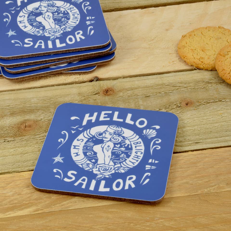 Hello Sailor coaster, blue square with rounded corners and white sailor graphic