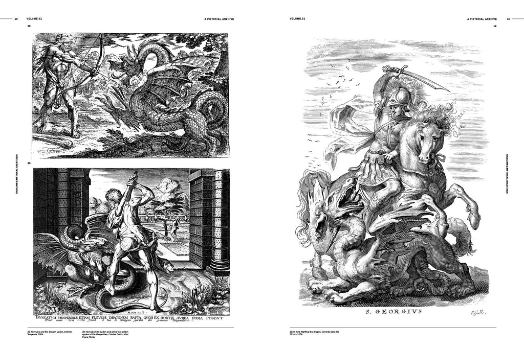 Open book spread with black-and-white dragon and sea serpent engravings