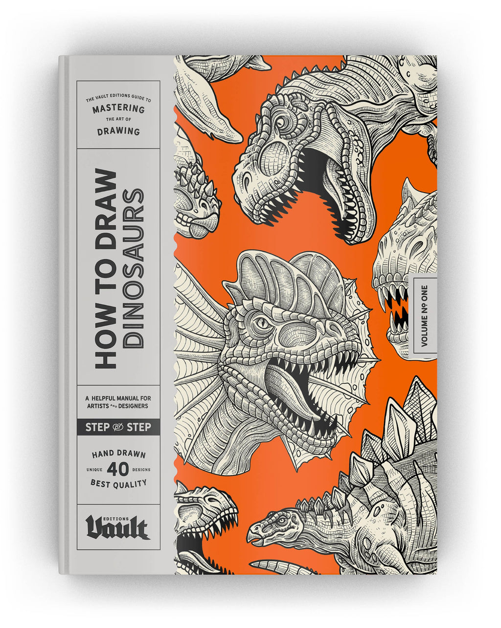 Dinosaur drawing guide book with orange cover and gray dinosaur artwork