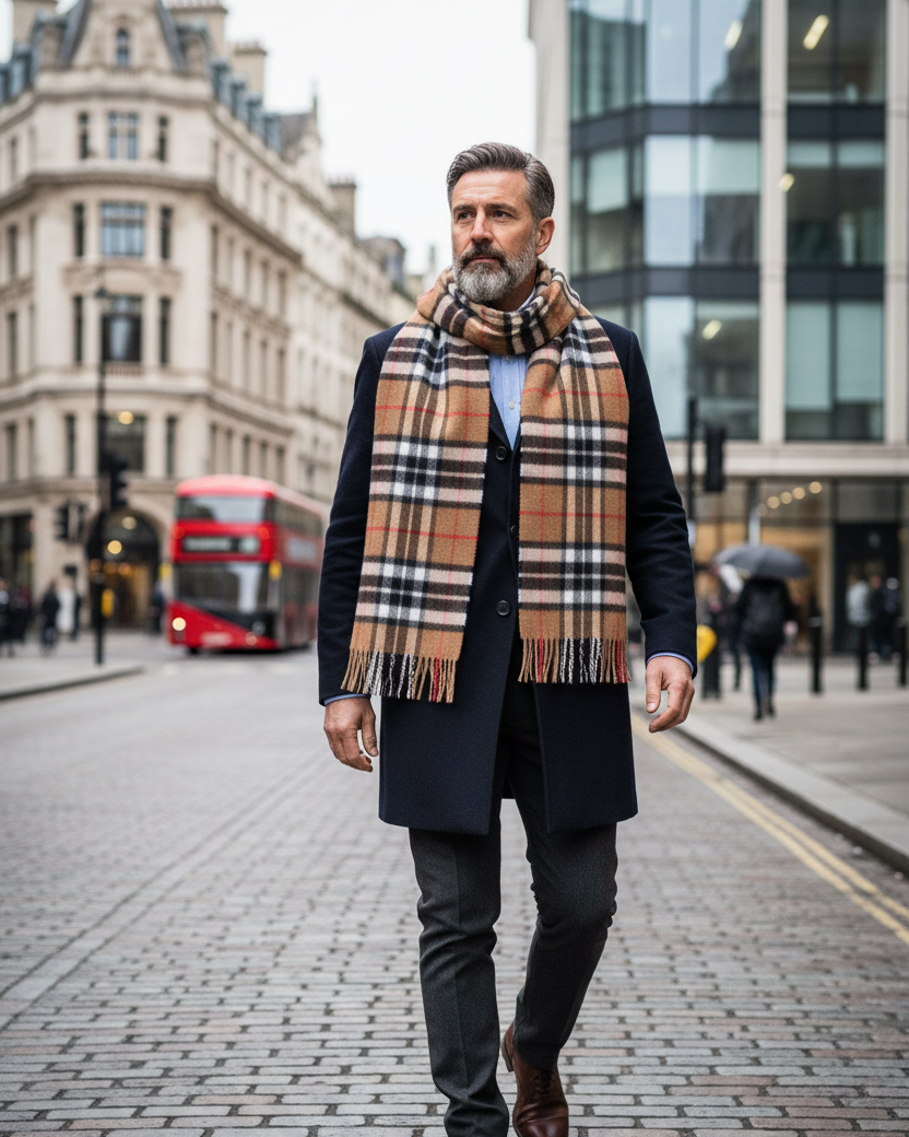 Merino wool tartan scarf in camel, navy and rust plaid, with fringed ends