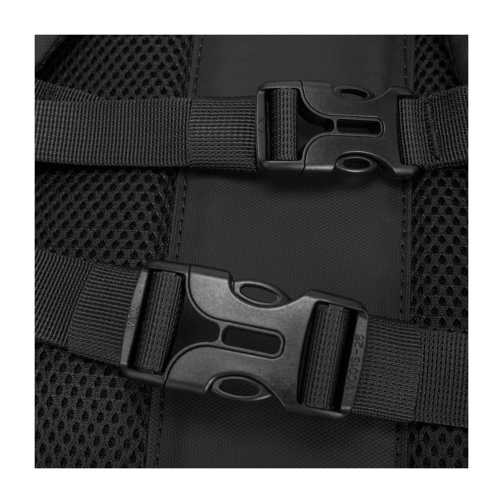 Backpack harness straps with adjustable webbing and plastic buckles (black).
