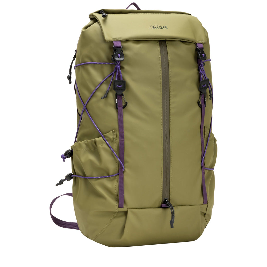 Khaki 23L flap-over backpack with side lacing and purple accent straps.