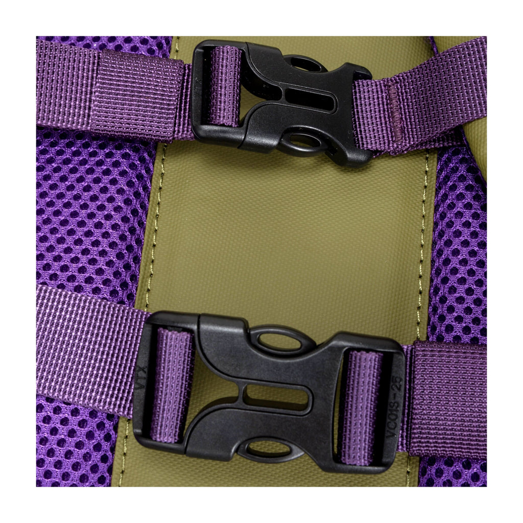Backpack harness straps with adjustable webbing and buckles (khaki, purple).