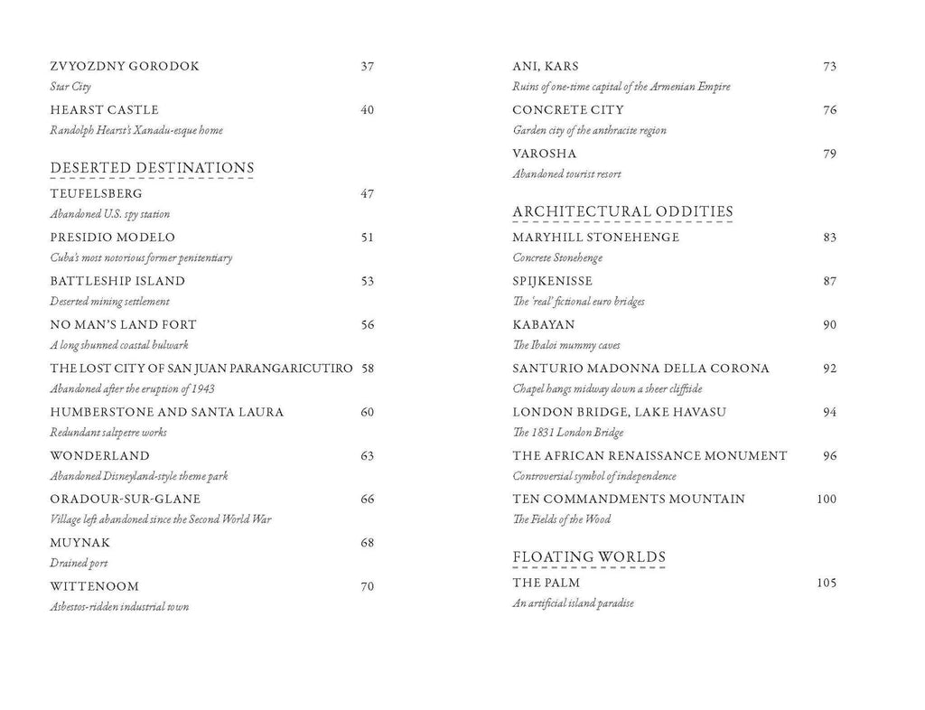 Book table of contents page with columns of small section titles