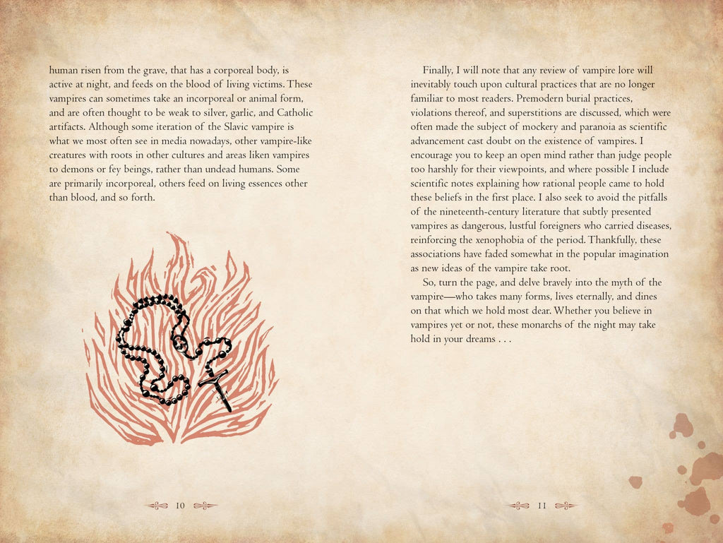 Vampire-themed book page with red ink illustration of a face and surrounding paragraphs
