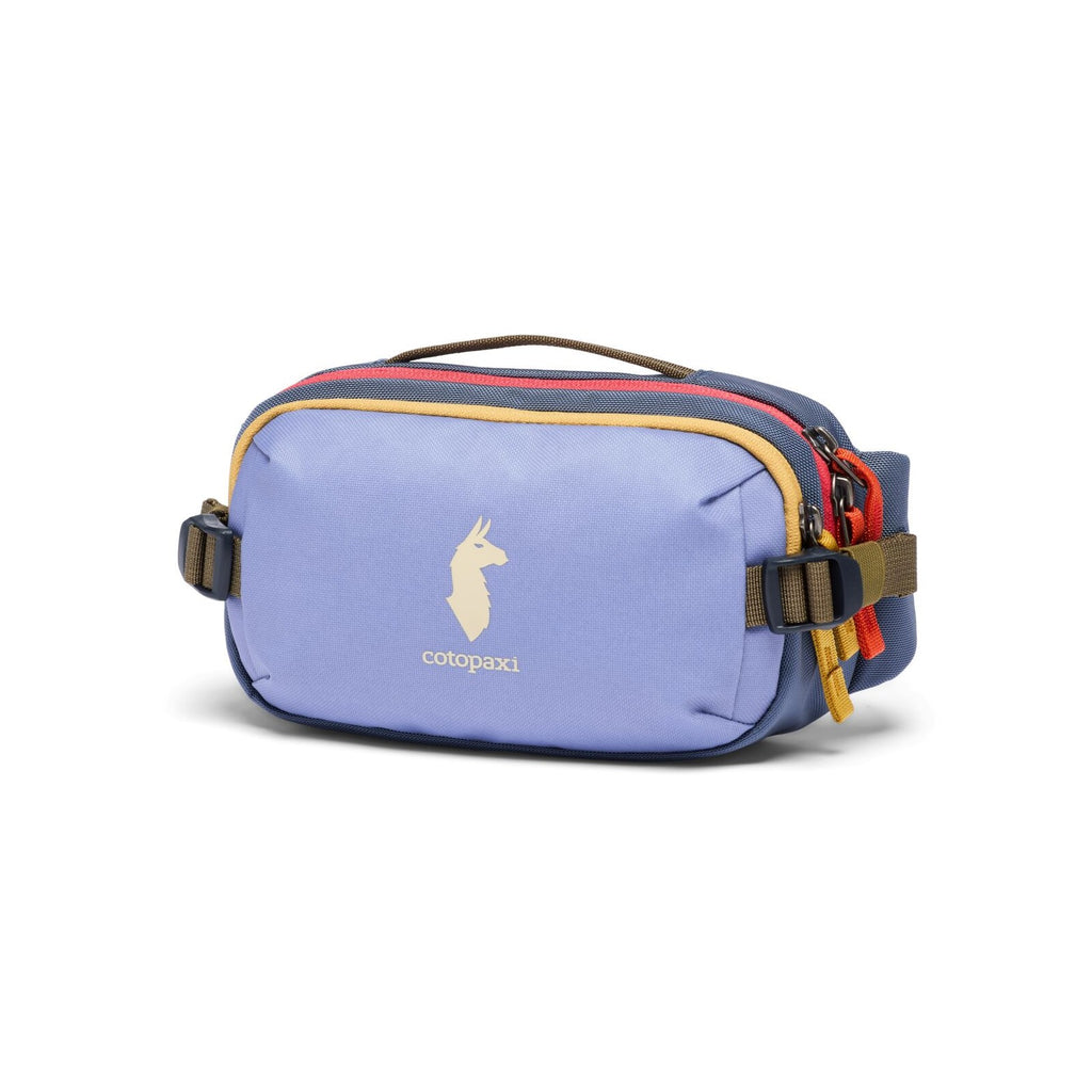1.5L hip pack in light blue with cotopaxi logo, zip top, adjustable web straps