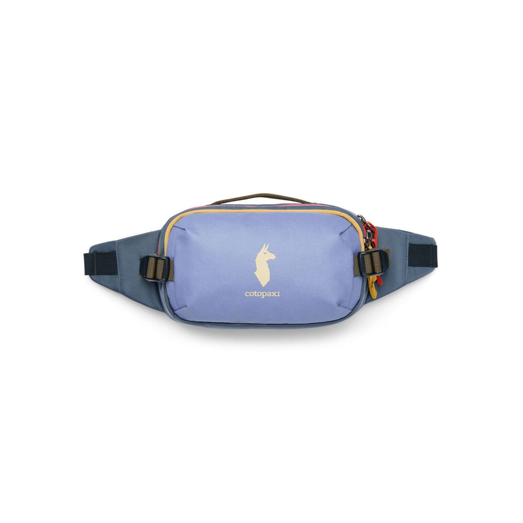 1.5L hip pack, light blue front panel with cotopaxi logo and black adjustable belt