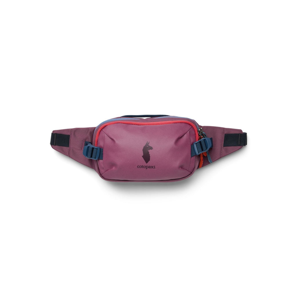 Cotopaxi Allpa X 1.5L Hip Pack in Fig, side profile with adjustable strap extended