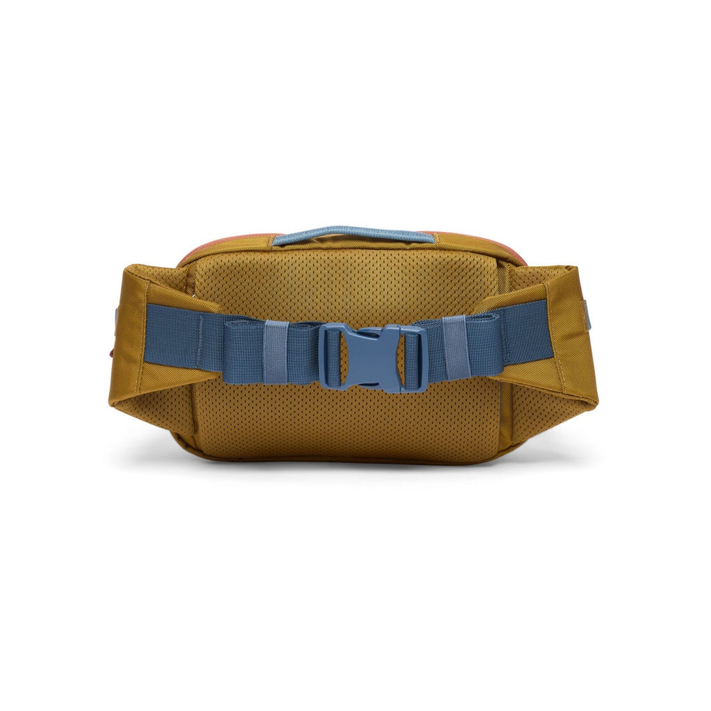 Bronze hip pack with perforated back panel and adjustable blue waist strap
