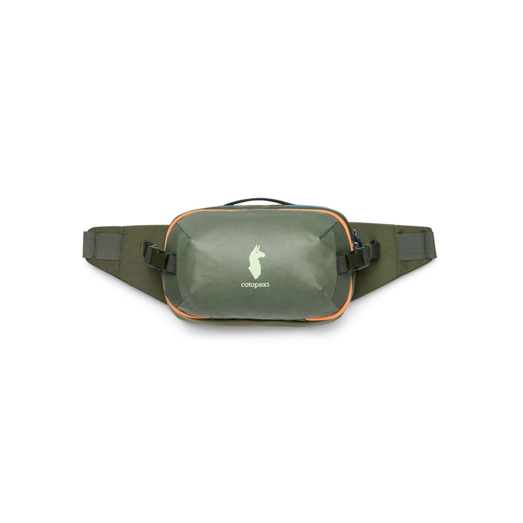 Olive green hip pack with orange-trim front pocket and wide adjustable belt straps