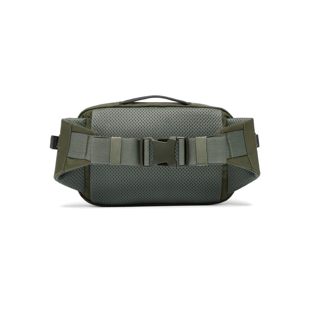 Olive green hip pack with textured back panel and adjustable webbing waist straps