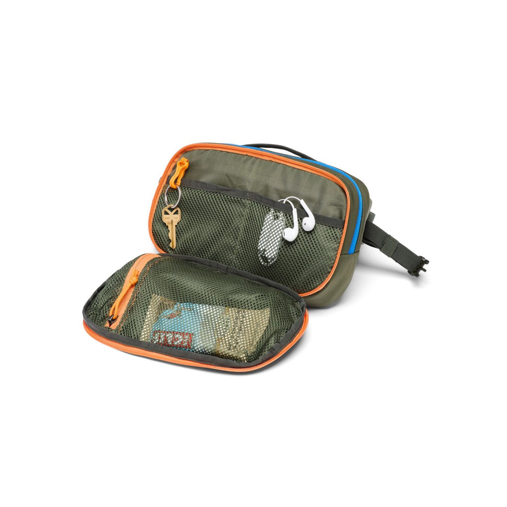 Olive green hip pack with orange-edged open interior, mesh pockets and zipper