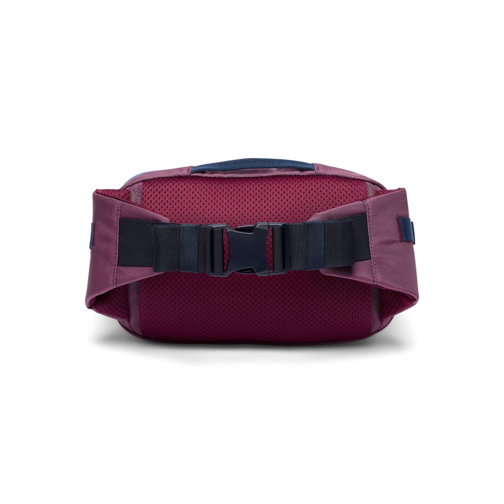 Cotopaxi hip pack in fig purple, open top showing gray mesh interior