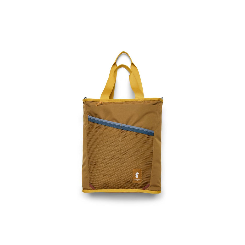 Cotopaxi Todo 22L Convertible Tote in Bronze, front view with tote handles and diagonal zip pocket