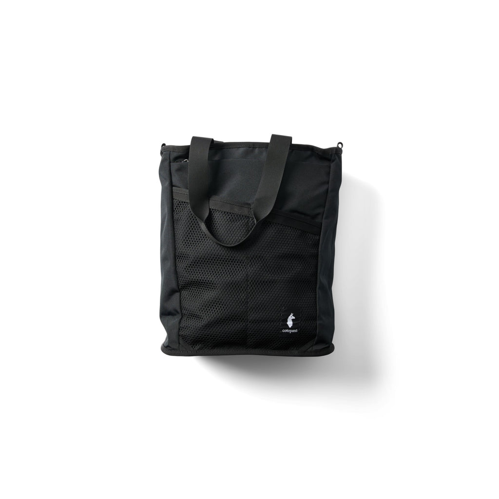 Black convertible tote bag with top handles and front mesh pocket