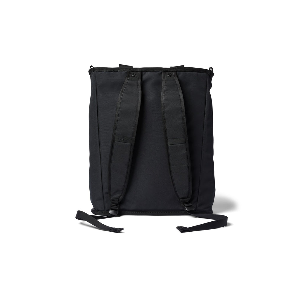 Black convertible tote bag with adjustable shoulder straps and side handles