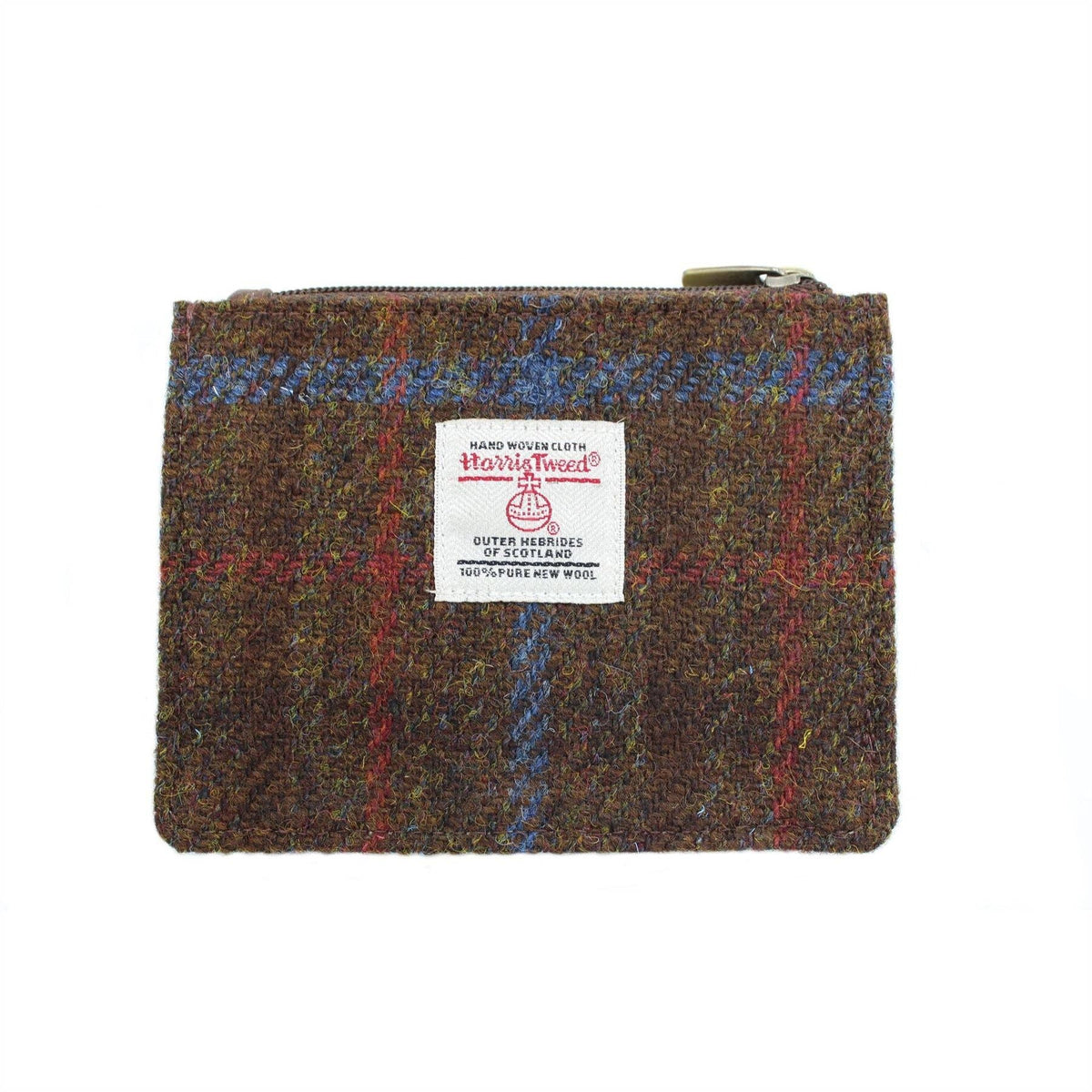 Moorland tweed coin card wallet back with Harris Tweed label and top zipper