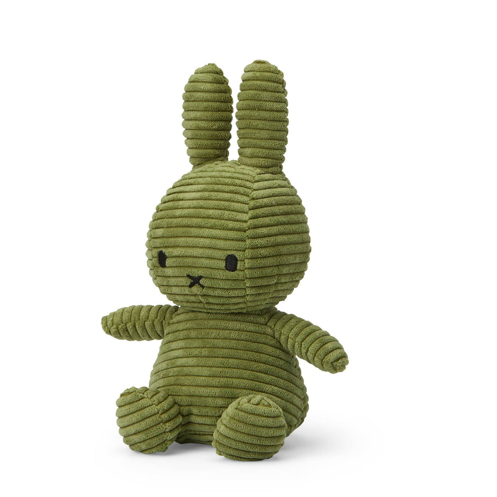 Olive green corduroy bunny plush in side view, sitting with outstretched arms