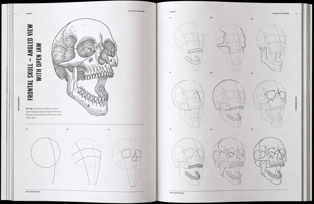 Skulls drawing book open to angled skull sketches with construction lines and steps