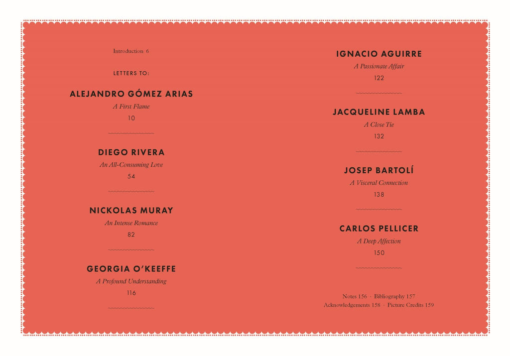 Love Letters contents page listing names and letter titles in a red layout.