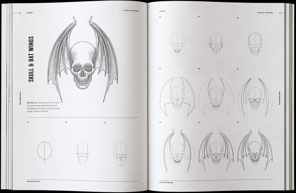 Skulls drawing book open to bat-wing skull sketch with step-by-step head proportions