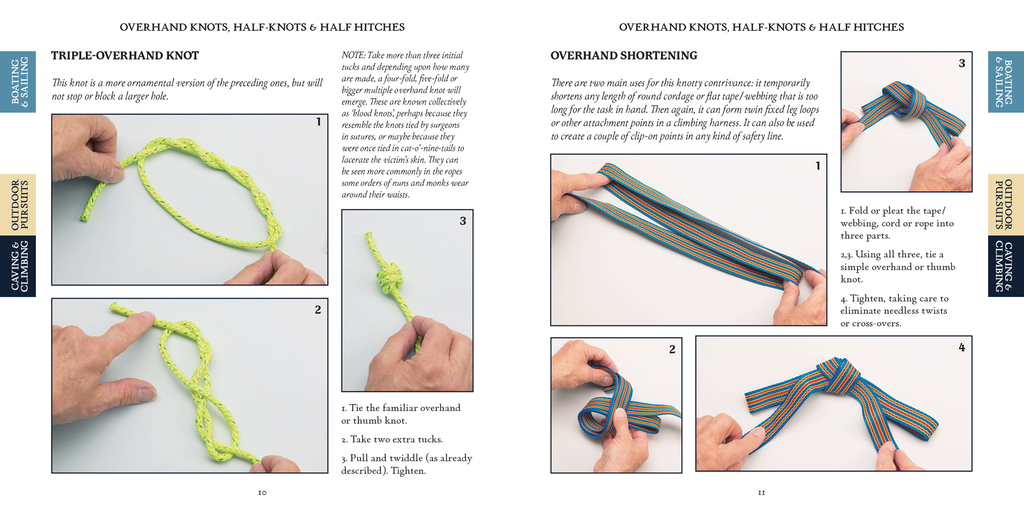 Knot instruction book page with rope step diagrams and "OVERHAND KNOTS" headings
