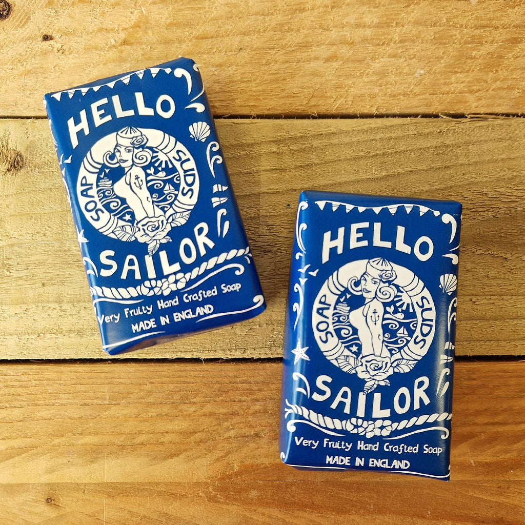 Hand crafted soap bars, blue Hello Sailor nautical wrapper, two bars
