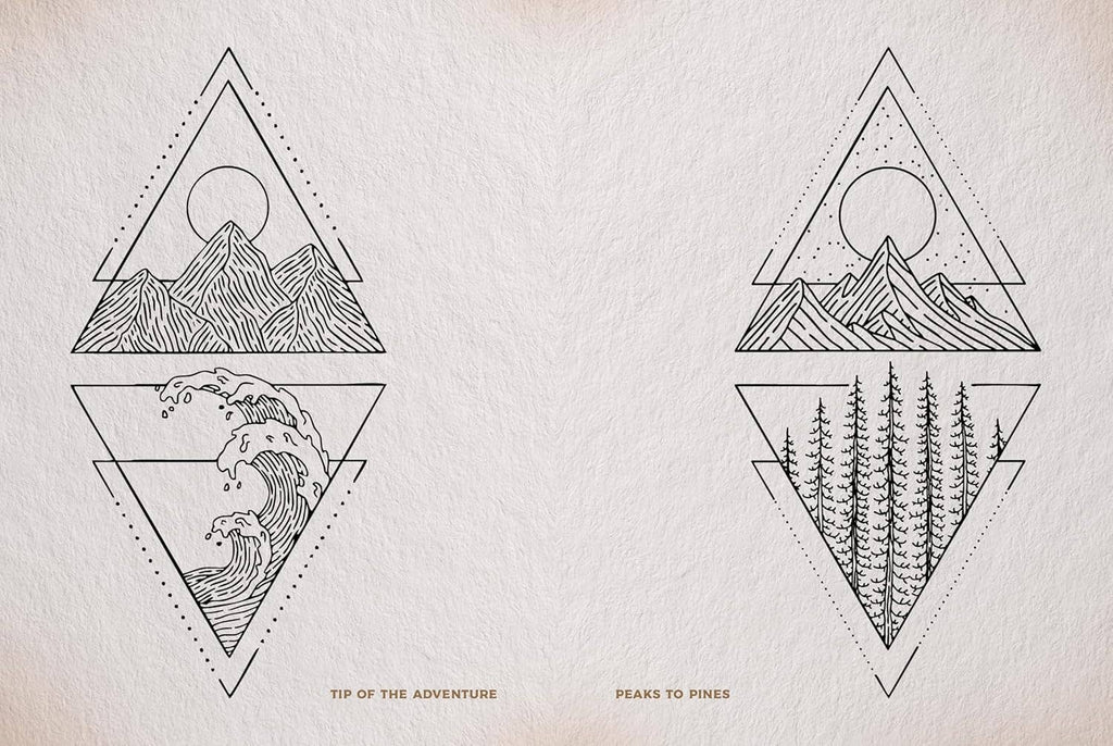 Geometric mountain and forest tattoo designs in diamond shapes with small caption text