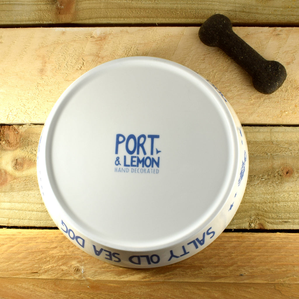 Large white dog bowl with 'PORT & LEMON' blue lettering on inside
