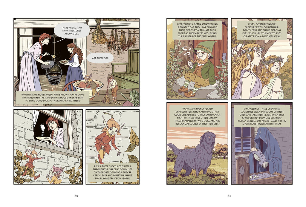 Open book spread with four comic panels and speech bubbles, witches and animals