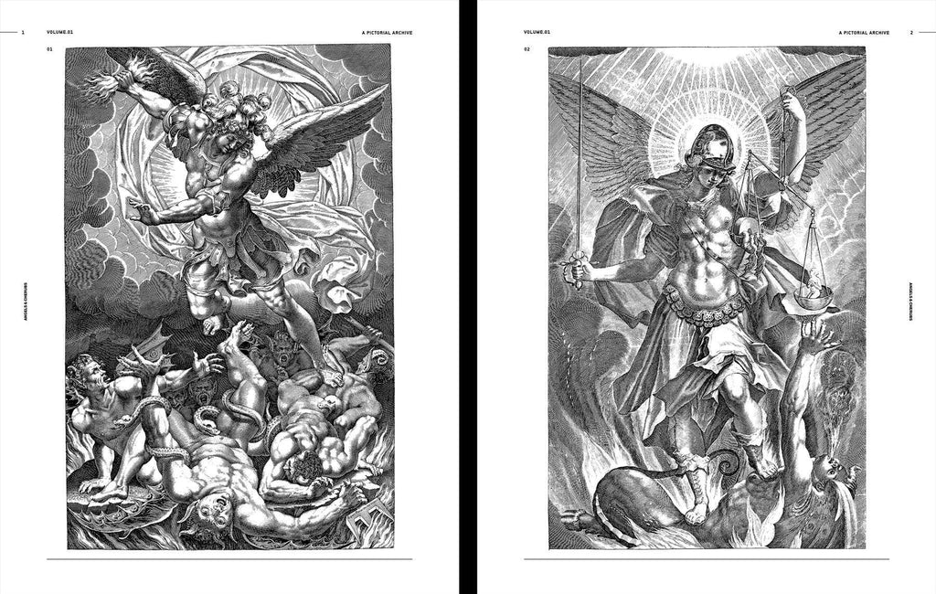 Open book pages with black-and-white angel engravings and ornate decorative scenes.