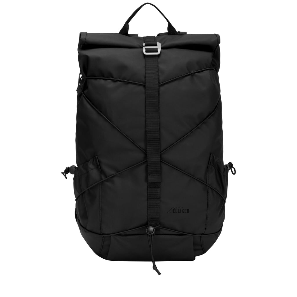 Black roll-top backpack with front cross straps and buckle closure
