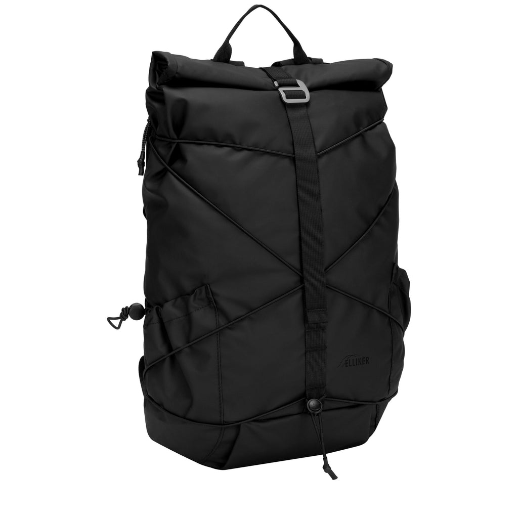 Black roll-top backpack with front cross seams and adjustable webbing straps