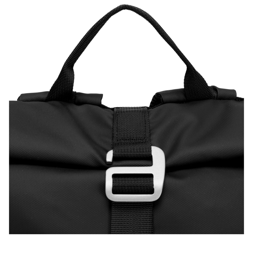 Black roll-top backpack handle strap with silver buckle