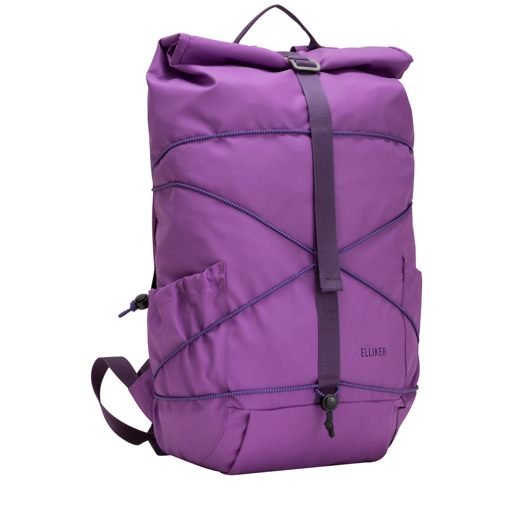 Electric purple roll-top backpack with front X webbing and hanging pull cord