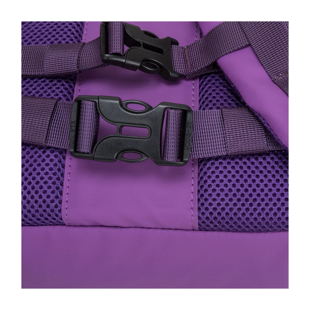 Purple backpack straps with black buckles over mesh back panel