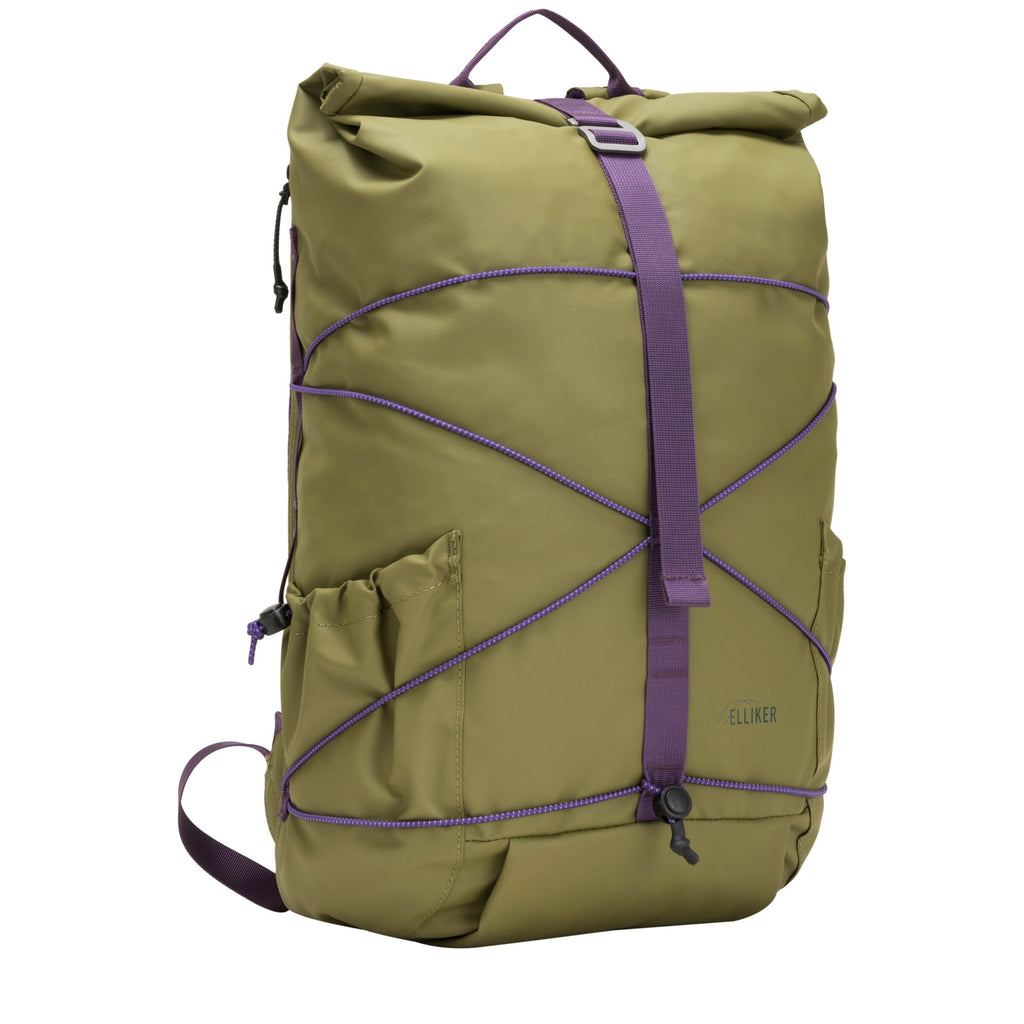 Khaki roll-top backpack with purple webbing, side pull tabs, and buckle
