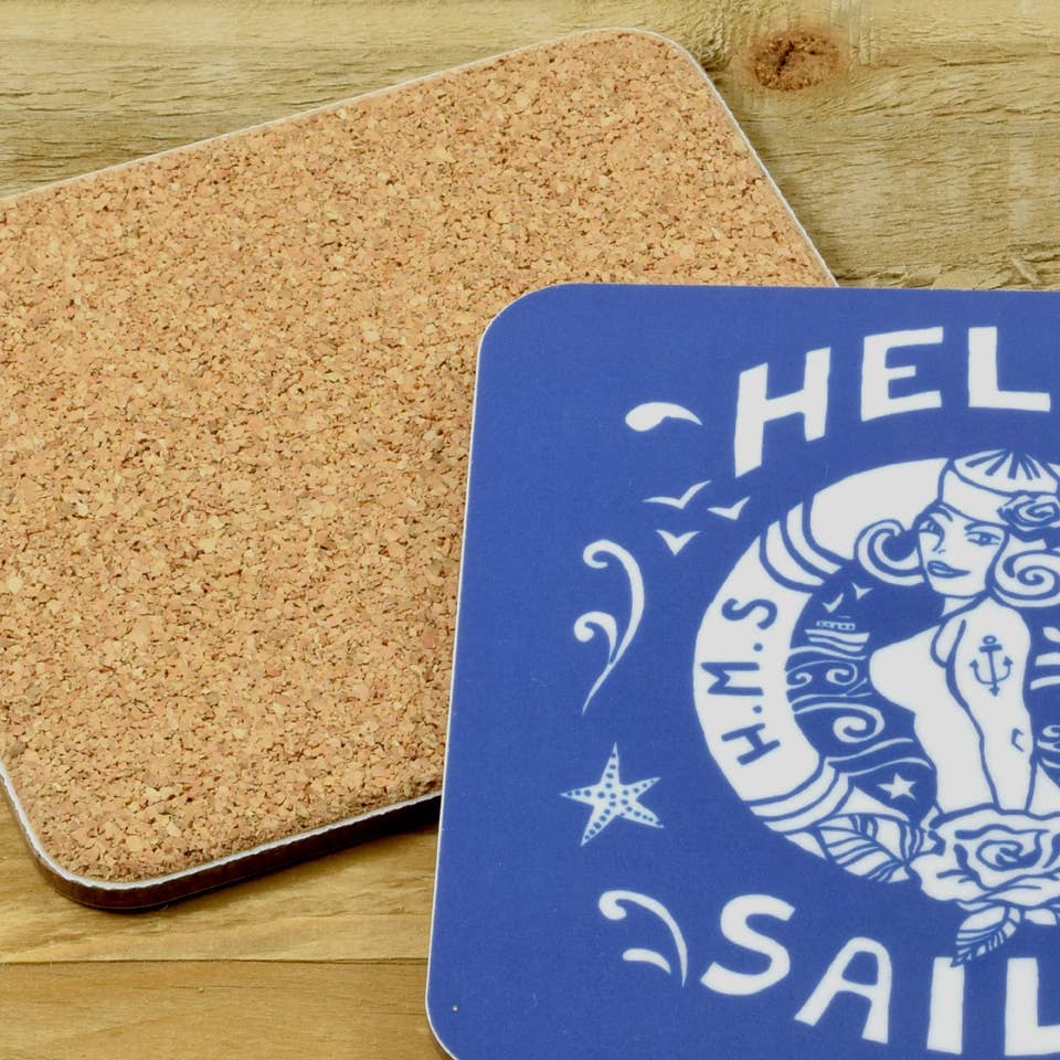 Blue Hello Sailor coaster with cork backing, rounded square edge and white logo