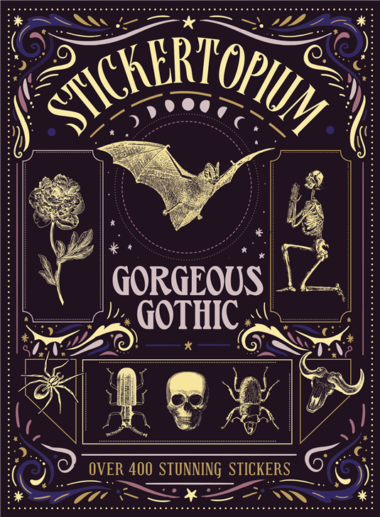Gothic sticker sheet with gold foiled bats, skulls, and skeleton hand motifs
