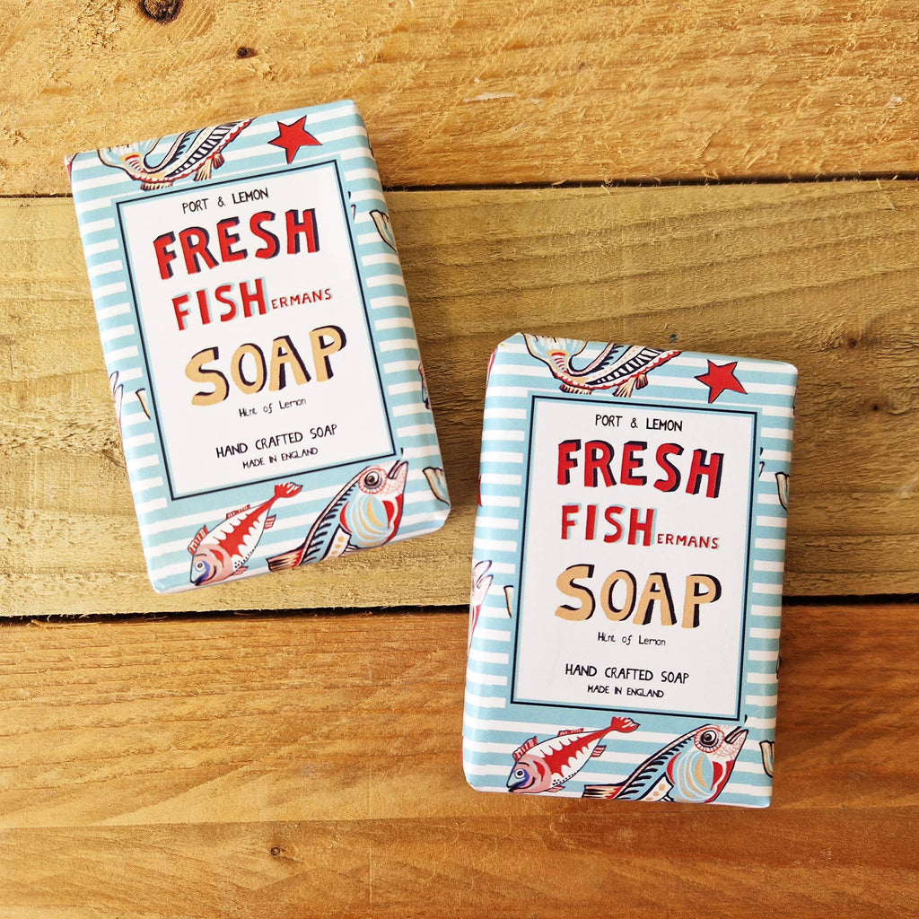 Handcrafted soap box, blue fish-themed label, Fresh Fish Soap, two bars shown