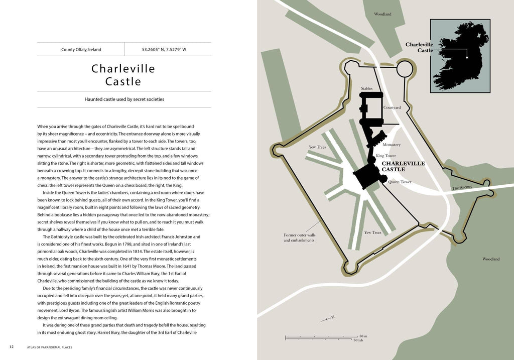 Book spread with map and text for Charleville Castle, with route lines and labels