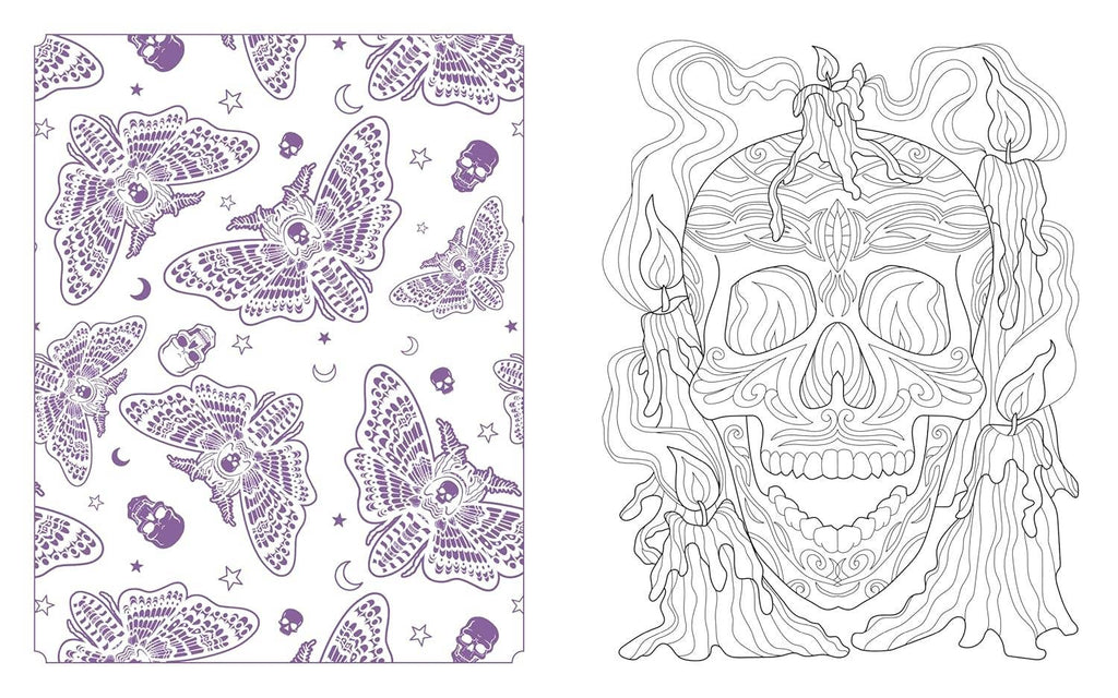 Open coloring book pages with purple star-and-creature pattern and a detailed skull line drawing